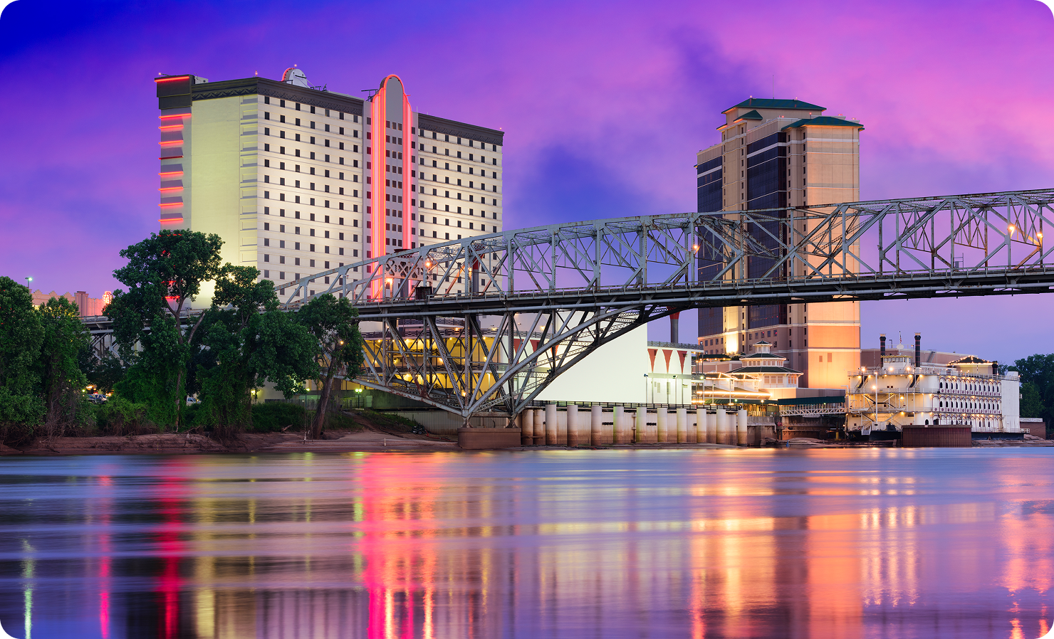 City skyline with bridge at dusk