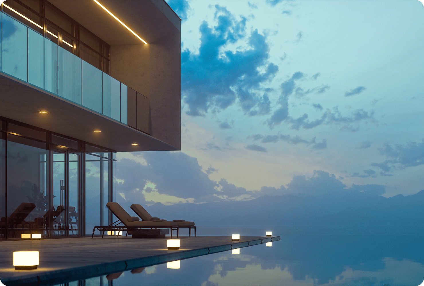 Modern villa by infinity pool at dusk