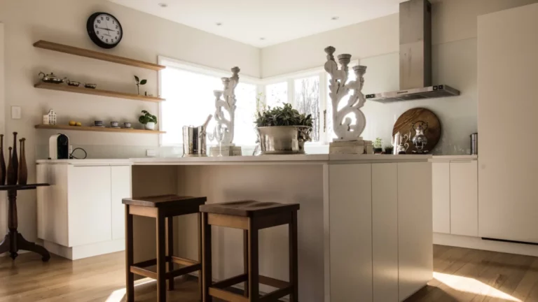 Elegant kitchen decor and wooden stools