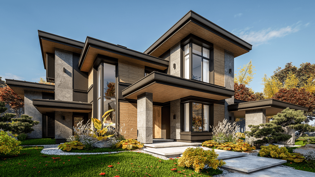 Contemporary home exterior with large windows.