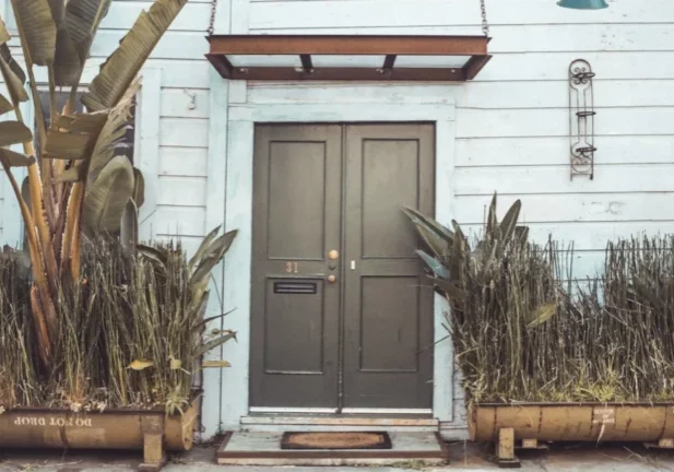 Green door with potted plants outside