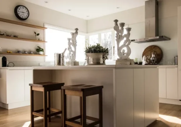 Elegant kitchen decor and wooden stools