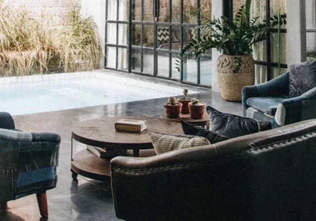 Cozy seating area by indoor pool